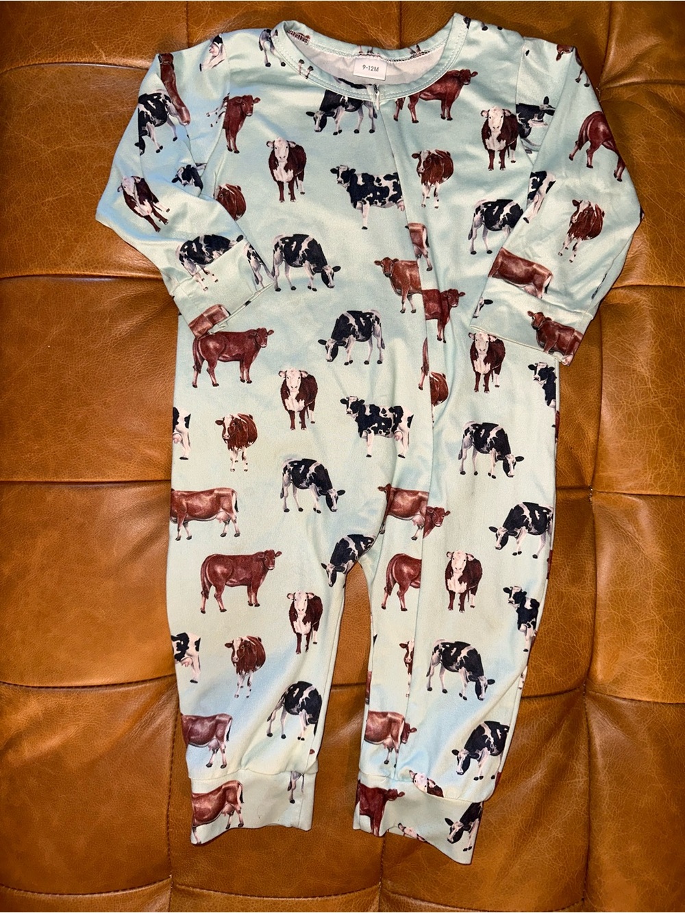 Mint Green Baby Footie with Cow Print